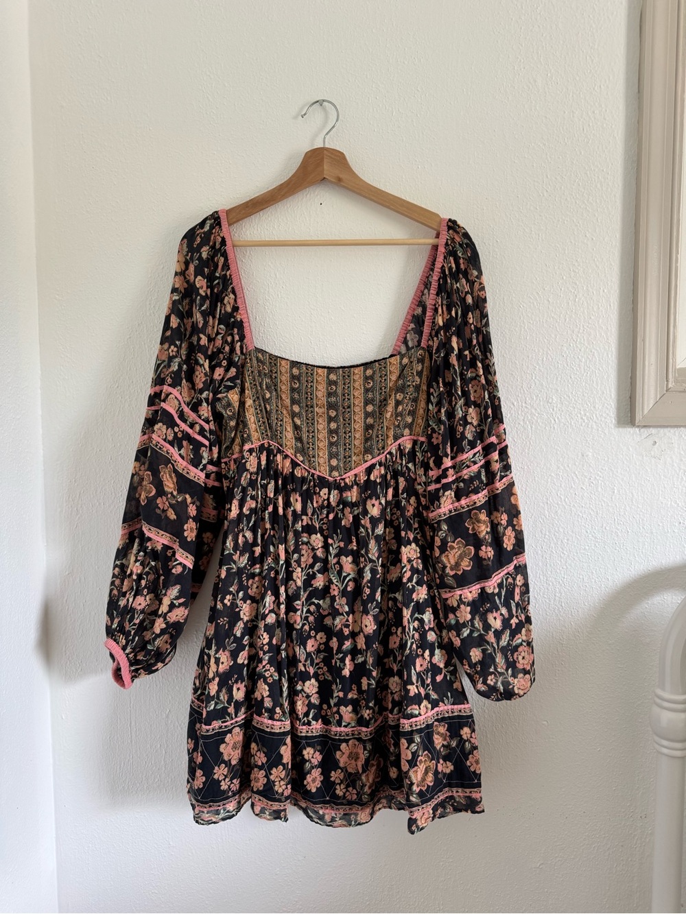 Free people Floral Peasant Mini Dress with Pink Trim